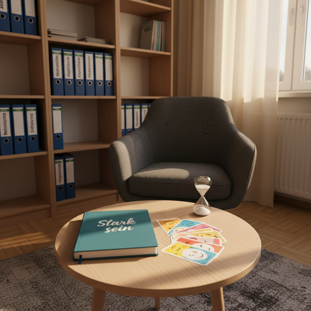 A cozy, youth-focused counseling corner in a school setting, empty of people, with a comfortable dark-grey fabric armchair facing a low, round wooden table. On the table lie a closed teal notebook labeled “Stark sein”, a box of colorful emotion cards spread in a fan, and a small sand timer with fine white sand. Behind, a bookshelf holds neatly arranged binders labeled “Mobbingprävention”, “Konfliktlösung”, and “Selbstbehauptung”. Warm late-afternoon light filters through semi-transparent curtains, casting soft, elongated shadows. Photographic realism with a slightly angled composition and shallow depth of field, creating a safe, trusting, and professional atmosphere aimed at strengthening self-confidence and decision-making in young people.
