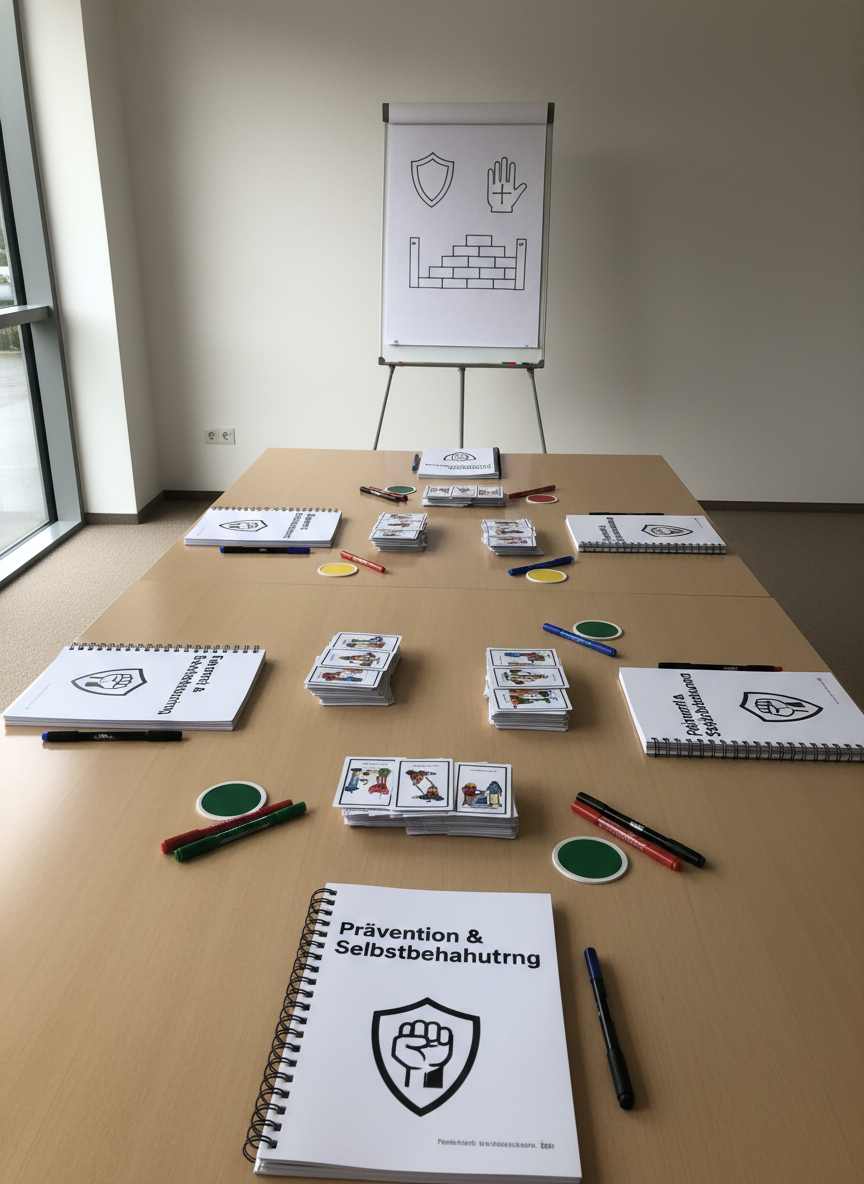 A polished light-wood conference table in a modern training room, neatly set up for a workshop on prevention and self-assertion, with no people present. On the table lie organized stacks of laminated scenario cards, colored markers, a spiral-bound facilitator handbook titled “Prävention & Selbstbehauptung”, and small traffic-light paddles in red, yellow, and green. At the far end stands a flipchart with simple, bold icons representing security, boundaries, and help. Soft, diffused daylight enters through a large window, creating a bright yet gentle atmosphere. Photographic realism from a slightly elevated angle, with clear focus throughout, evoking a structured, professional, and safe learning environment for children and adolescents.